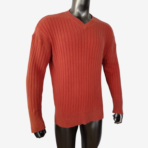 Vintage Y2K Guess Jeans Men's Orange Ribbed Knit V Neck Sweater Size XXL - Picture 2 of 12